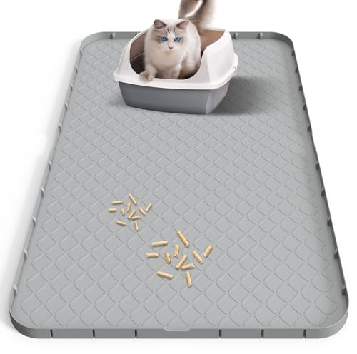 Jukibole Silikon Katzenstreu Matte XXL 88x56 cm, wasserfest, rutschfest | Für Katzenklo und Mehrkatzenhaushalt, aus Silikon, fängt Streu und Feuchtigkeit auf, einfach abwischbar und auswaschbar, Grau