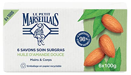 Le Pe Marseillais | rückfettende Pflegeseife mit Mandelöl (6 x 100 g) – feste Hand- & Körperseife mit 98% natürlichen Inhaltsstoffen – Verpackung aus recycelbarem Papier