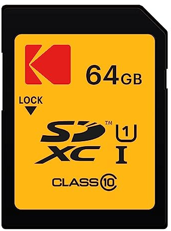 Kodak SD-Karte 64 GB UHS-I U1 V10 SDHC/XC – Speicherkarte, Lesegeschwindigkeit 85 MB/s Max – Schreibgeschwindigkeit 25 MB/s Max – Speicherung von Full-HD-Videos und hochauflösenden Fotos – SD Card
