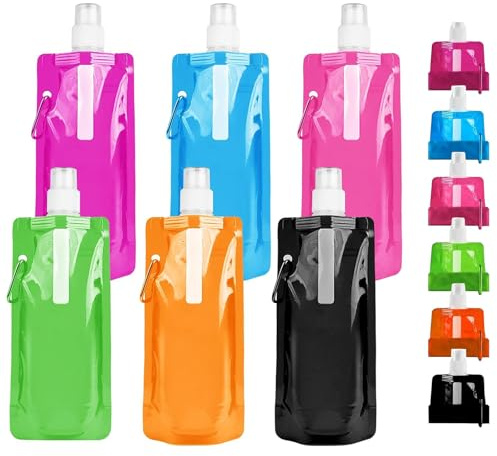 RHZXD 6 Stück Faltbare Wasserflaschen, 500ML Faltbare Trinkflasche, 6 Farben Wiederholbare BPA-freie Wasserflasche mit Clip für Outdoor-Sport, Radfahren, Wandern, Festival