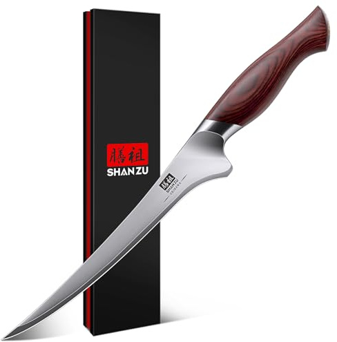 SHAN ZU Filetiermesser 18 cm, Scharfes Ausbeinmesser für Fleisch, Japanischem 10Cr15Mov-Superhartstahl, Profi Küchen-Fischmesser mit Flexibler Klinge und Ergonomischem Pakkaholzgriff- OKINAWA Series