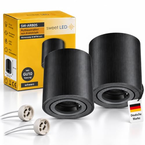 Sweet Led Aufbauspot Schwarz gebürstet 2er – Aufbaustrahler 230 V GU10 Fassung, Aufputz deckenspots Spots aus Aluminium, rund schwenkbar, Aufbauleuchte für Innenräume (ohne Leuchtmittel).