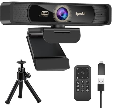 Spedal 4K Webcam mit Stativ, Mikrofon, 120 Grad Weitwinkel, Zoom und USB-C | PC Kamera mit Fernbedienung, Autofokus UHD, für Laptop & Mac, Videokonferenz, Videoanrufe, Teams und Streaming