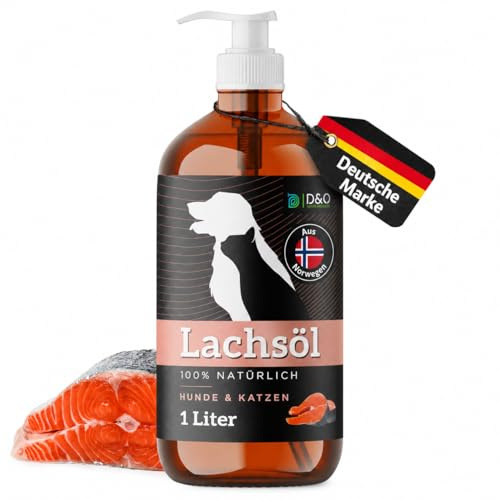 D&O Nature Products Lachsöl Hunde 1L in praktischer Flasche mit Pumpspender, Fellpflege Katze mit Omega 3 & 6, norwegisches Lachs Öl 100% natürlich, Fischöl für Hunde, Salmon Oil for Dogs Fish Oil