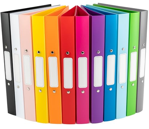 OfficeTree 12x Ringbuch A4 Set - 12 Farben - 2-Ring-Mechanik - Ringmappe A4 Rückenbreite 3,5cm - Ringhefter aus robusten Kunststoff - Ringordner schmal inkl. Sticker - Hefter