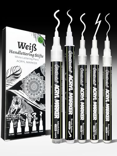 DealKits 5x Weiße Acrylstifte, Deckende Acrylmarker für Holz Glas Papier Stein, Schnelltrocknend Wasserfest Acrylic Marker Brush Pen Kalligrafie Stift, Kreidestifte für Tafel Abwaschbar