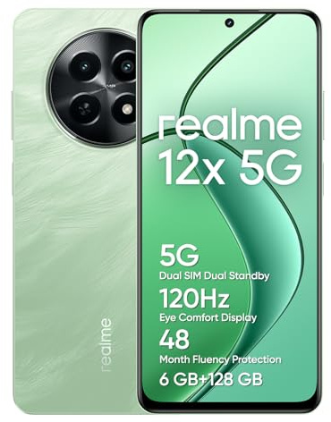 realme 12x 5G Smartphone 6+128 GB, 50MP AI Camera, 5G Dual SIM Dual Standby, TÜV SÜD 48-Month Fluency Protection, 120Hz Eye Comfort Display, 360° NFC, 5000mAh Battery, Feather Green(no Adapter)