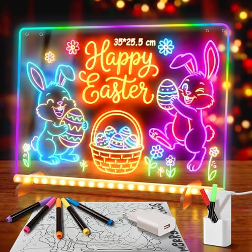 LED Notiztafel mit Farben, Leuchtendes LED Zeichenbrett für Kinder mit 13 Farben & 6 Modi mit Schalter 35x25 cm, inklusive Adapter, Aufhängekette&Ständer, Acryl Notiztafel kreatives Geschenk