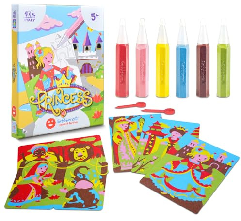 Sabbiarelli Sand-it For Fun – Kit Princess 5+ | Sand-Art-Bastelset zum Thema Prinzessinnen, 100% Made in Italy, mit Farbsand, Selbstklebenden Motiven und Zubehör | Bastelarbeiten Mädchen 5-12 Jahre