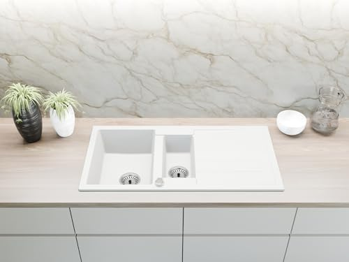 Faizee Home | Spülbecken Weiß 100x50 cm aus Granit – Modell Napoli mit 1,5 Becken & Abtropffläche | Beidseitig montierbare Einbauspüle | Küchenspüle inkl. Siphon-Set