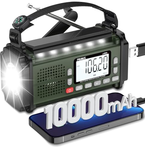 PRUNUS J-924S AM/FM/SW Kurbelradio Notfall Weltempfänger mit 10000mAh Akku | Radio Batteriebetrieben, Notfallradio Solar Radio mit Taschenlampe/SOS Alarm/Handyladefunktion für Ourdoor, Blackout