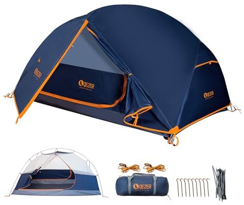 QEZER Campingzelt Kuppelzelt für 1-2 Personen, wasserdicht & Winddicht, 3-4 Jahreszeiten, nur 1,85/2,3 kg, für Wandern, Camping & Outdoor-Aktivitäten (2 Personen Blau)