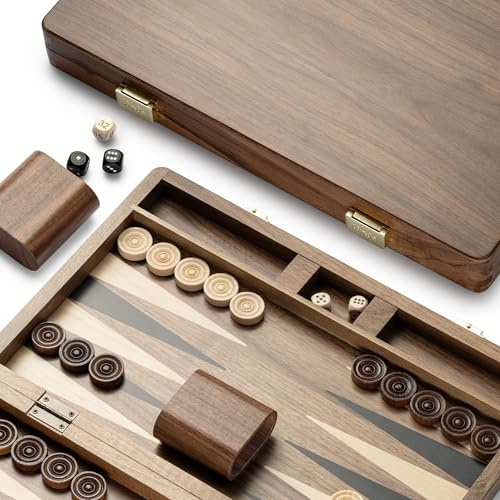 Lingle 36,83 cm Premium Natur-Walnuss Falt-Backgammon-Set, 30 Holz Dames, 2 Walnuss-Würfelbecher und 5 Holz-Würfel. Klassisches Zwei-Spieler-Strategiebrett