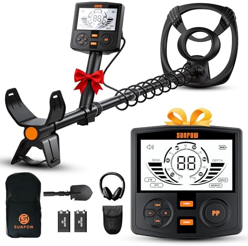 SUNPOW Metalldetektor – 5 Modi Profi für Erwachsene, Pinpointer, IP68 wasserdichte 30 cm Suchspule, 2X HD-LCD Display, DSP-Chip, Verstellbarer Schaft, Robuste Spiralstruktur, Komplettes Set