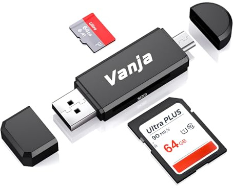 Vanja 2-in-1 SD Kartenleser, USB 2.0 & Micro-USB Kartenlesegerät für PC, Laptop & ältere Android Handys (OTG). Micro SD Adapter für SDXC SDHC TF, Plug & Play, Schwarz