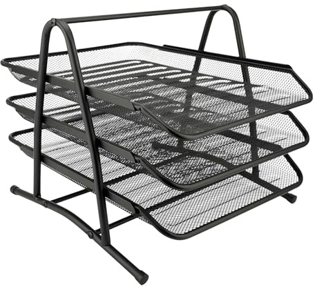 D.RECT 7610 Metall Ablagefächer Stapelbar - Büro Organizer Schreibtisch - Ablage Schreibtisch - 3 Schubfächer Briefablage Dokumentenablage A4 Organizer Mesh - Papierablage Schwarz Aktenablage