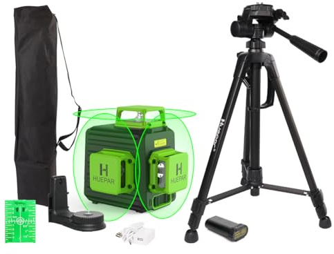 Huepar 3x360 Selbstnivellierender Kreuzlinienlaser, 3D-Grünstrahl, Drei-Ebenen-Nivellier- und Ausrichtungslaser mit 47-Zoll-Stativset, Li-Ionen-Akku und 2 Taschen im Lieferumfang enthalten - B03TP