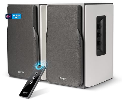 EDIFIER Studio R1380T 2.0 Regallautsprecher-System (42 Watt) im Echtholzgehäuse (MDF). Zwei LINE IN Anschlüsse. Infrarot-Fernbedienung und seitliche Bedienelemente für Bässe, Höhen und Lautstärke.