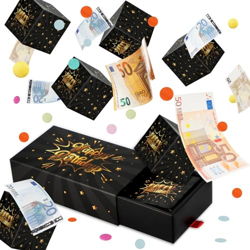 Giftota Geldgeschenke Geburtstag, Upgrade DIY Überraschungsbox, Happy Birthday Pop Up Explosionsbox mit Konfetti, Geschenkbox Geburtstag für Frauen Männer - Schwarze