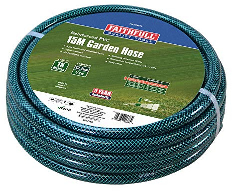 Faithfull 15M (49ft) Reinforced Hose 12.7mm (1/2 Inch) Diameter – Heavy-Duty PVC Garden Hose Pipe