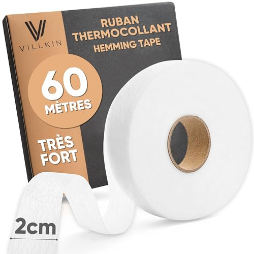Villkin Saumband 60m Länge und 20mm Breite – Bügelband zum Aufbügeln auf Textilien wie Hosen Gardinen Vorhänge – Saumfließ (Weiß, 20mm x 60m)