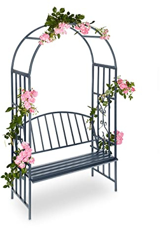 Relaxdays Rosenbogen mit Bank, robustes Metall, 2-Sitzer Deko-Gartenbank, Rankhilfe, HxBxT: 205 x 115 x 50 cm, Anthrazit