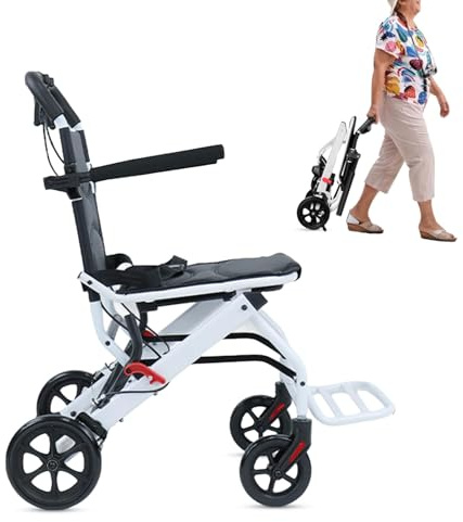 Cadciehe Tragbarer Transit-Reiserollstuhl, Faltbar, Leicht (8,2 kg), für Erwachsene, Senioren, Transportrollstühle, Unterstützung 90 kg, Aluminium