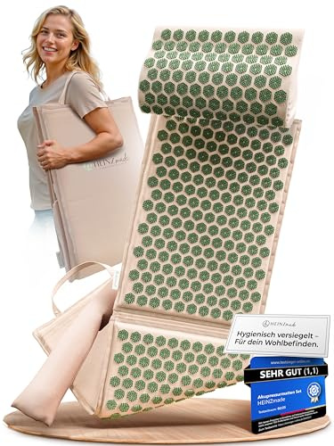 HEINZmade Akupressurmatte XL mit ergonomischem Kissen & Lendenrolle – Ganzkörper-Akupunktur Matte oder 2 Einzelmatten – Nadelmatte bei Rücken- & Nackenschmerzen – leicht mitzunehmen
