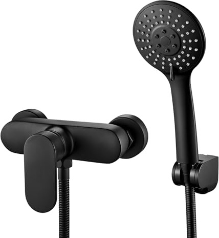 Rehomthy Duscharmatur Einhebelmischer Schwarz mit Handbrause und Schlauch | Mischbatterie Dusche Set, 3 Strahlarten Duschbrause, 1.5m Schlauch, Aufputz Wandmontage