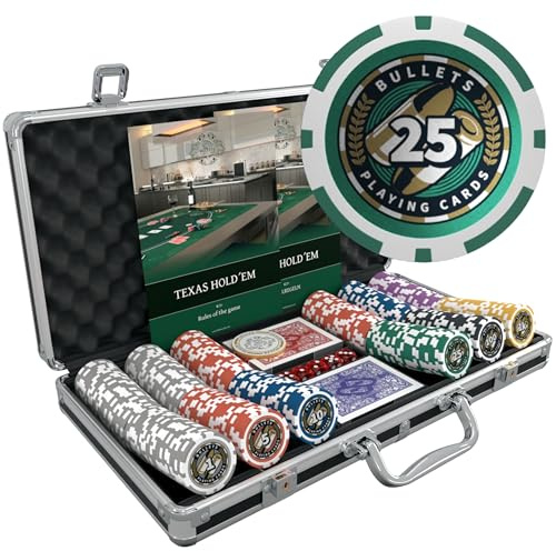 Bullets Playing Cards | Pokerkoffer Deluxe „Christopher“ mit 300 Plastik Pokerchips 12g | Pokerset mit Karten, Würfeln, Dealer Button & Regeln für Texas Holdem