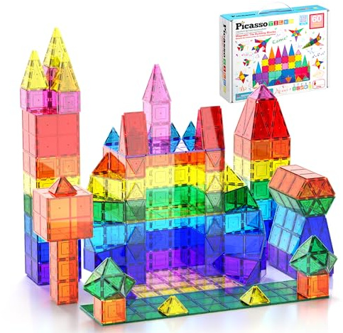 PicassoTiles Magnetic Tiles 60pcs Kids Toys Classroom Sensory Toy for Toddlers STEM Learning Building Blocks, Montessori Pretend Play Magnet Tile Construction Stacking Block Boys Girls Ages 3+ PT60