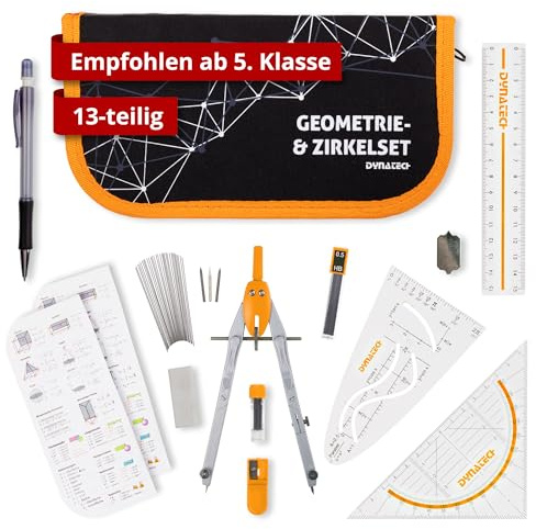 DynaTech Zirkel Set Geometrieset 13-Teilig mit Schnellverstellzirkel, Geodreieck, Parabel, Bleistift, Lineal, Spitzer und Ersatzminen im Etui orange - praktisches Mathematik-Set inkl. Federmappe
