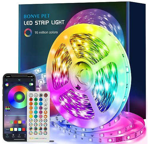 Bonve Pet Led Strip 10m(1Rolle), Led Streifen mit Fernbedienung und App, 16 Mio. Farben, Led Lichterkette Sync mit Musik, LED Band für Zimmer Küche, Party