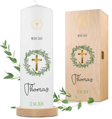 GRAVURZEILE Bedruckte Kerze - Taufkerze Kranz - brilliant bedruckte Kerze zur Taufe - Personalisiertes Taufgeschenk für Mädchen & Jungen - Hochwertige Stumpenkerze 250/80 mm - Kreuz