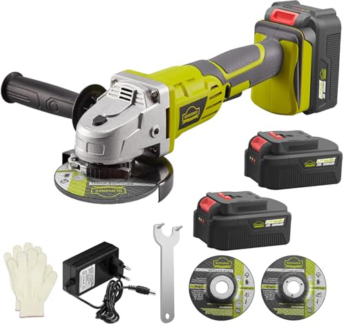 DEWINNER Winkelschleifer, Akku Winkelschleifer, Ø115 mm, 2 x Akku 3 Ah, Hilfsgriff, Schnellspanner, Schnellladegerät, 2 Schleifscheiben zum Schleifen, Schneiden und Polieren