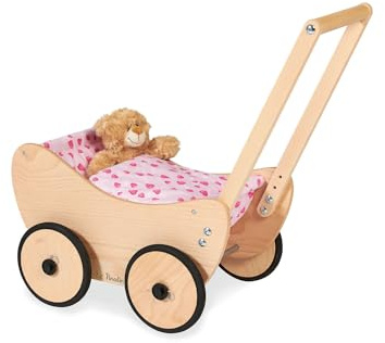 Pinolino Puppenwagen Trixi, aus Holz, inkl. Bettzeug und Bremssystem, Lauflernhilfe mit gummierten Holzrädern, für Kinder von 1 – 6 Jahren, natur