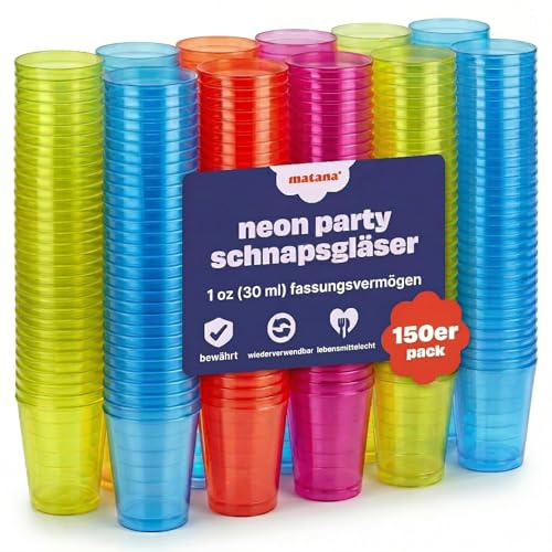 MATANA 150 Bunte Shotgläser Plastik, Schnapsgläser (3cl) - Neon Becher Schwarzlicht - Schnapsbecher, Plastik Pinnchen, Schnaps Becher, Shotbecher - Party Zubehör - Stabil & Mehrweg