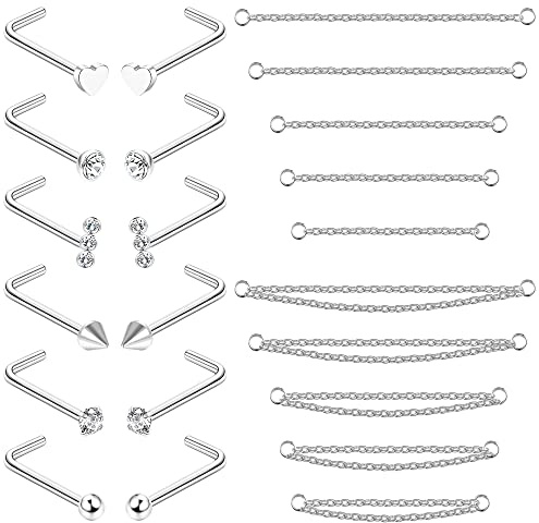 ADRAMATA 20G Nasenpiercing Edelstahl Nasenkette für Damen Herren | Nasenpiercing Stecker, Nostril Piercing, Piercing Nase Versilbert, 14K Vergoldeter Nasenstecker