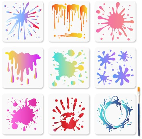 MAYJOYDIY 9 Stil Sprühschablonen 15 × 15cm Wiederverwendbare Flecken Und Spritzschablonen Zum Basteln Graffiti Kunst Farbvorlagen Mit Pinsel Für Boden Wand Fliesen Stoff Und Möbeldekoration