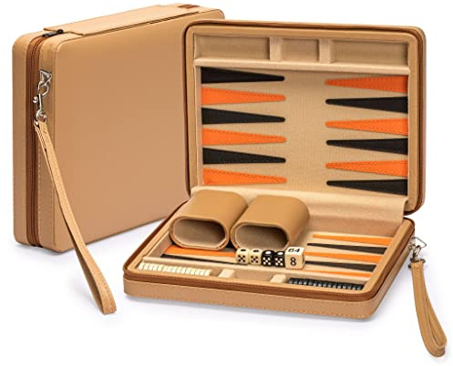Yellow Mountain Imports Reisespielset Backgammon in Magnetischer Lederoptik, Bozcaada -mit Magnetischen Spielsteinen, 23,5-Zentimeter-Spielbrett