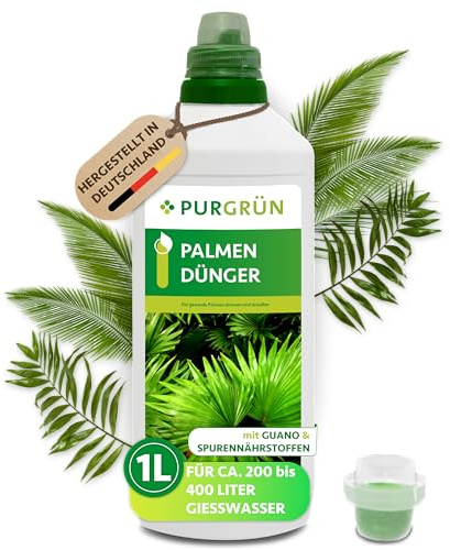Purgrün® Palmendünger 1 Liter – Schnelles Wachstum dank extra Stickstoff – Guano für kräftige Palmwedel – Vollspektrum-Nährstoffe – Konzentrat für ca. 400 Liter Gießwasser – Premium-Flüssigdünger