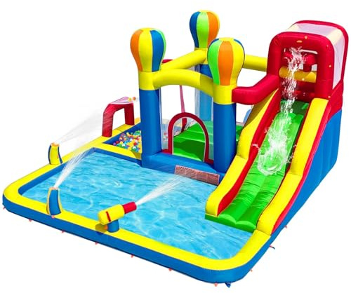 Baralir Aufblasbare Hüpfburg Indoor, Trocken-/Wasserrutsche, geeignet für Kinder von 3 bis 8 Jahren, Hüpfburg Outdoor mit Gebläse 340×335×209CM