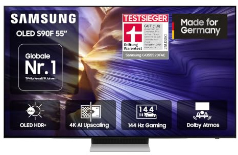 Samsung OLED 4K S90F 55 Zoll (138 cm), UHD Fernseher, Optimiert für Fussball und Gaming, NQ4 AI Gen3 Prozessor, OLED HDR+, 4K Upscaling Pro, Dolby Atmos, Motion Xcelerator, Samsung Vision AI Smart TV