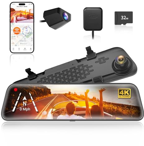 WOLFBOX 12 G840S 4K Spiegel Dashcam mit Rückfahrkamera, 5.8GHz WiFi Auto Kamera mit IPS-Touchscreen Dual Dash Cam Spiegel, Loop-Aufnahme und G-Sensor, Parküberwachung, GPS, kostenlose 32 GB-Karte