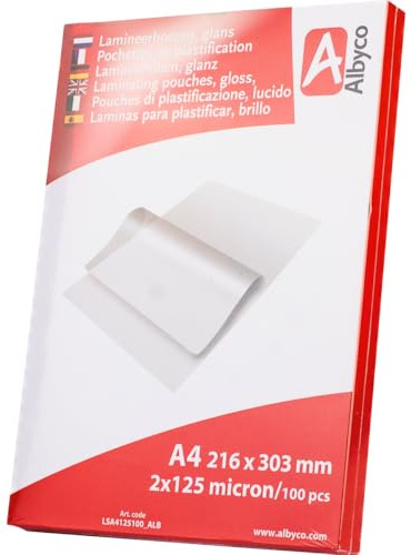 Albyco Laminierfolien, Laminiertaschen - Format A4, 216x303 mm - Dicke 2x125 (250) Mikron - Glänzend - 100 Stück - Transparent