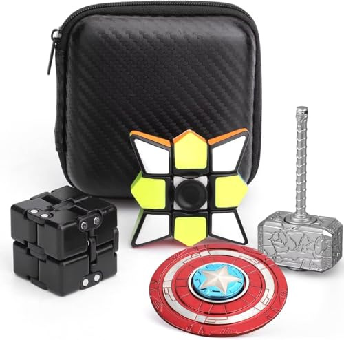Fidget Spinner Bulk Spielzeug Set, unendliche Würfelblöcke, Cooler Hammer Finger Spinner, Fidget Bohnenketten Geschenkpaket, Superhelden Fidget Spinner, Geschenke für Kinder und Erwachsene (4 Stück)