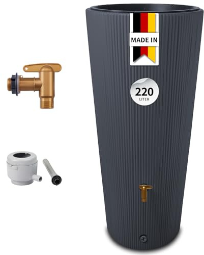 4rain Vaso 2in1 Decor Regentonne 220 Liter Graphite Grey inkl. Kunststoff-Auslaufhahn und Fallrohranschluss - Klares Design für den Garten - Mit bepflanzbarer Schale - Anschlussfertig am Fallrohr