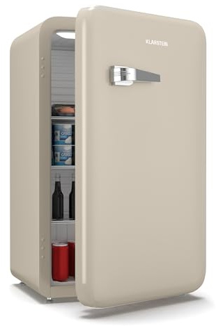 Klarstein Audrey Evo 90L Retro Mini Kühlschrank - Leise 40 dB, Kompakter Kühlschrank Klein mit Verstellbaren Füßen, Wendetür, Mechanischem Thermostat, Creme, Ideal für Schlafzimmer und Büros