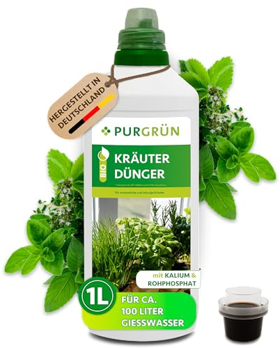 Purgrün® Bio-Kräuterdünger 1 Liter – Für ein intensives Aroma – Premium-Flüssigdünger für den Bio-Anbau – Extra Kalium für gesundes Kräuter – Ergiebiges Konzentrat für 100 Liter Gießwasser
