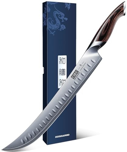 HOSHANHO Schinkenmesser 30cm, Fleischmesser aus Japanischem Kohlenstoffstahl mit Ergonomischem Pakkaholzgriff, Rasiermesserscharfe, Gebogene Tranchiermesser zum Schneiden von Fleisch